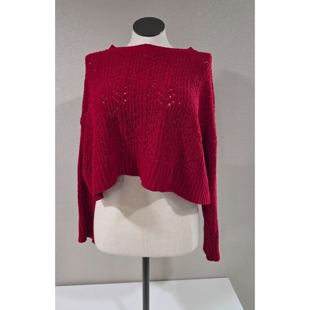 Red Cropped Knit Sweater With Long Sleeves & Textured Pattern American Eagle L